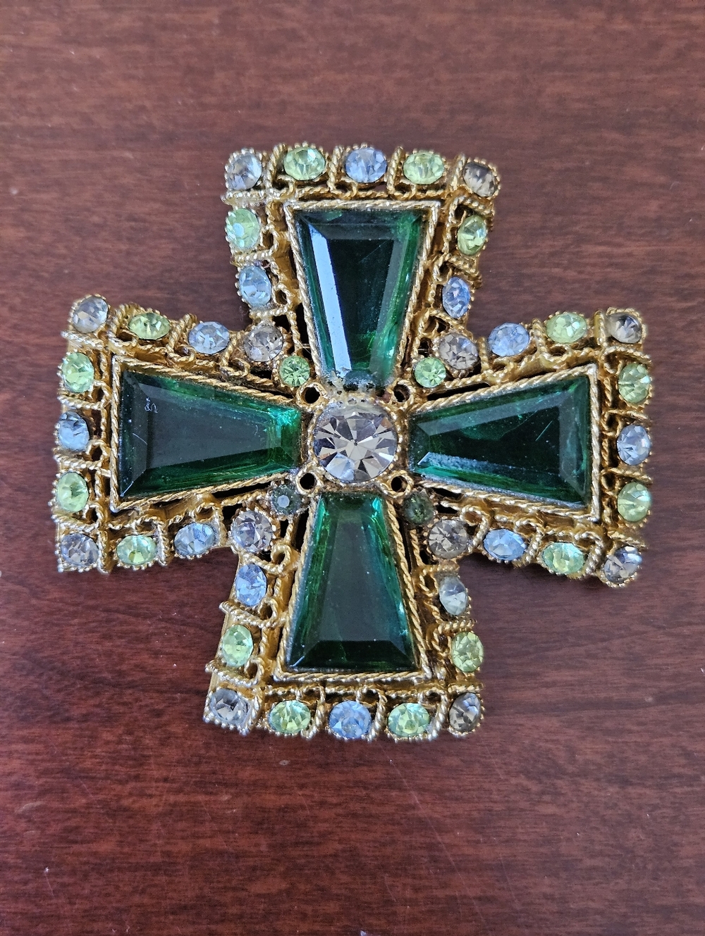 2.5" Vintage Coro Green Emerald Glass Gold Tone Maltese Cross Brooch Pin